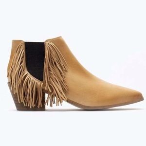 Zara Boho Genuine Soft Leather Pointed Toe Fringe Ankle Booties